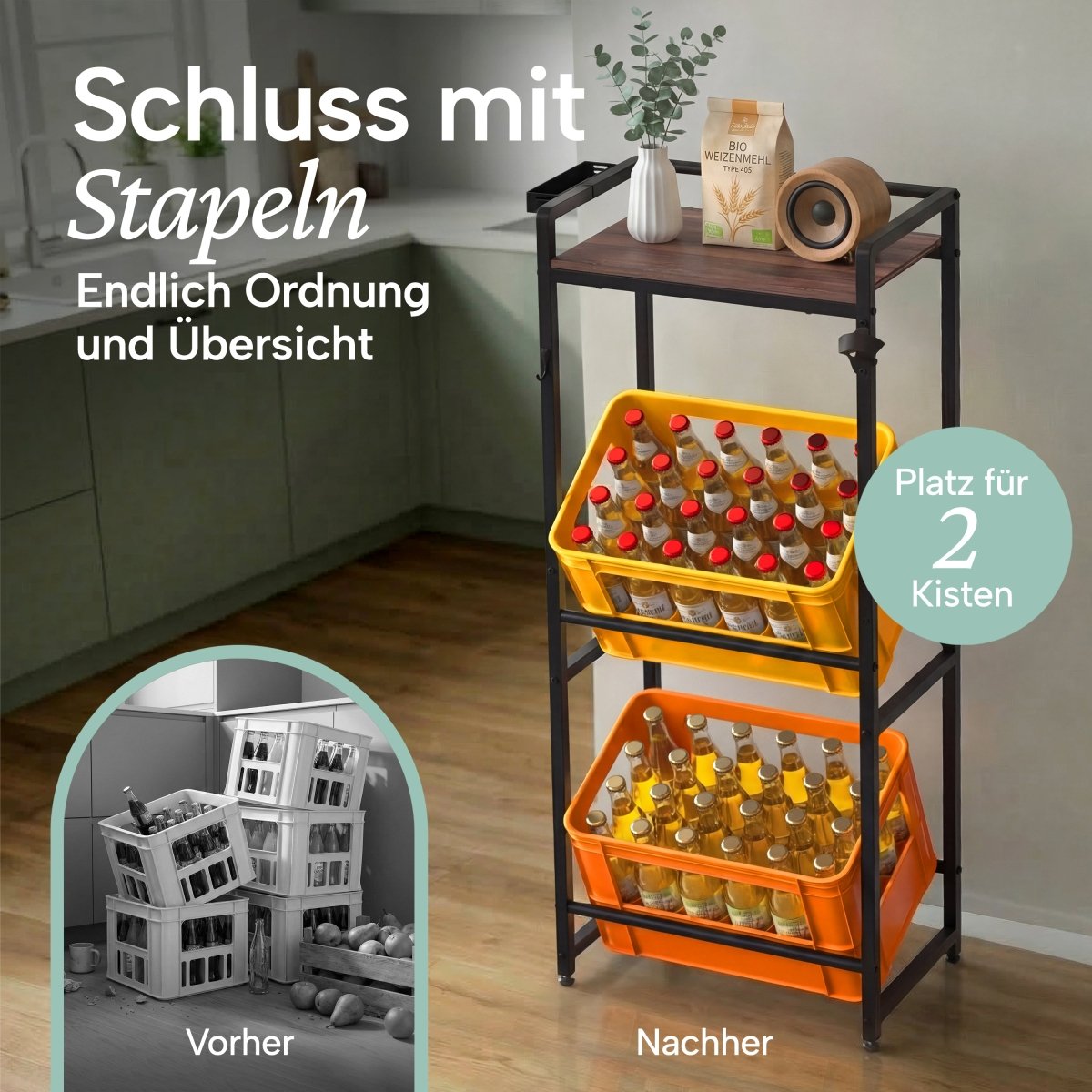 Getränkekistenregal Halldor mit Ablage &amp; Holzoptik - 