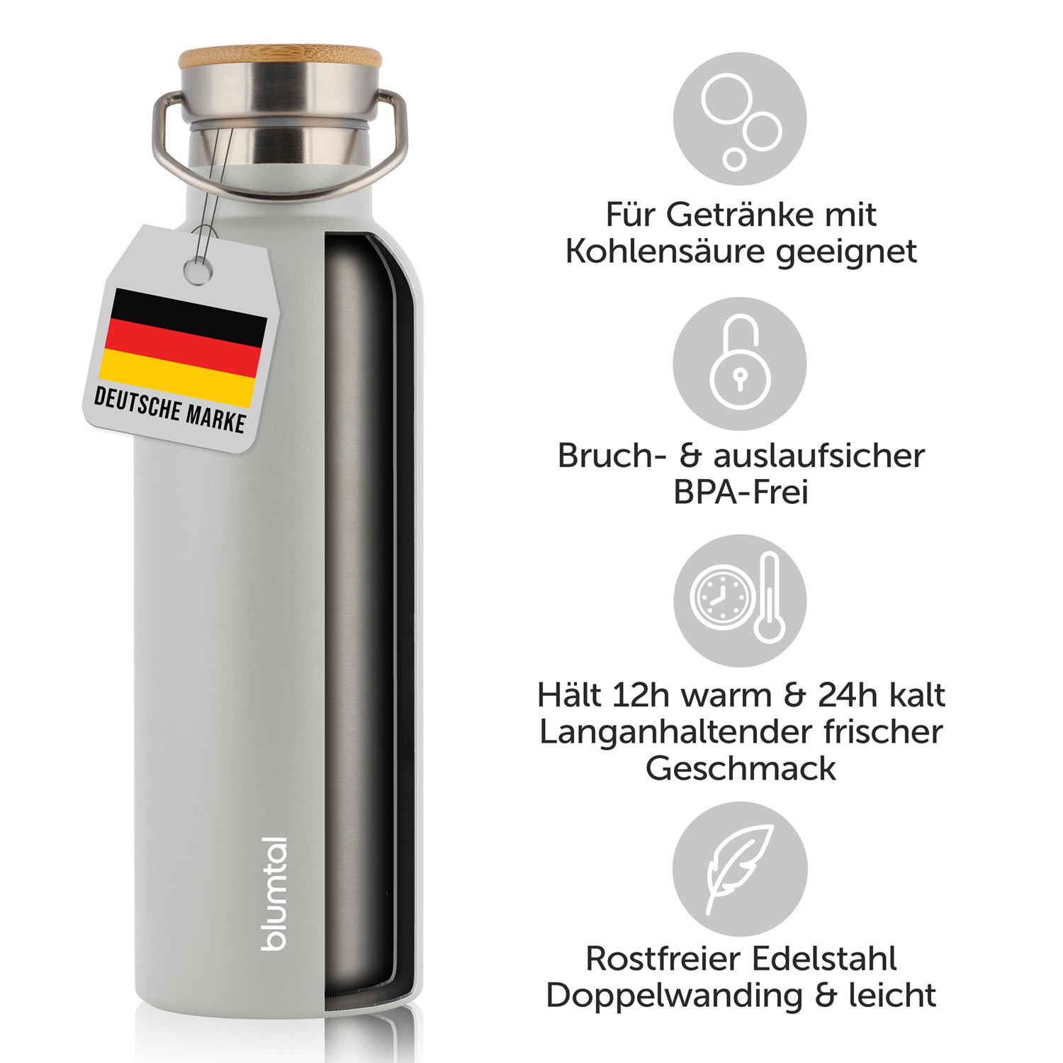 Isolierflasche mit Etikett &quot;Deutsche Marke&quot; und Symbolen die auf Bruch- und Auslaufsicherheit sowie die Eignung für Getränke mit Kohlensäure hinweisen