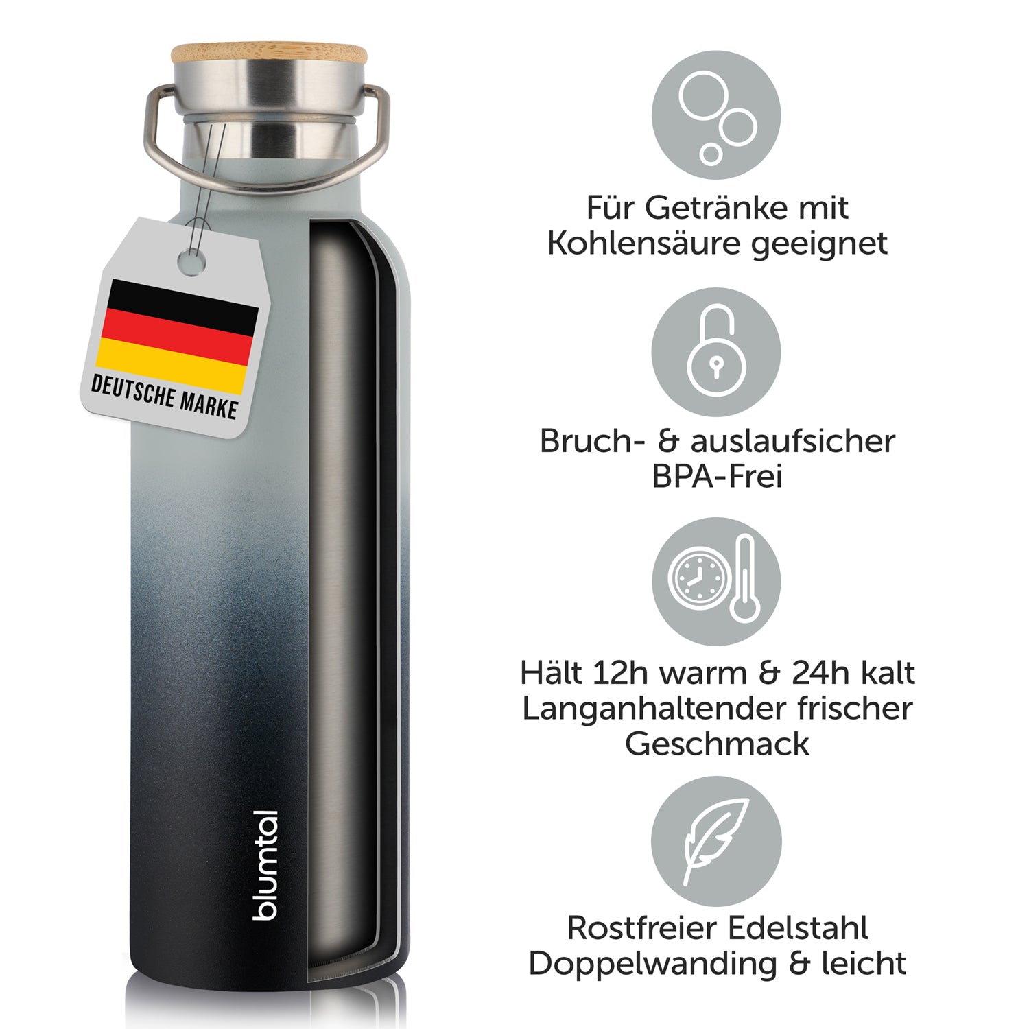 Isolierflasche mit Etikett &quot;Deutsche Marke&quot; und Symbolen die auf Bruch- und Auslaufsicherheit sowie die Eignung für Getränke mit Kohlensäure hinweisen