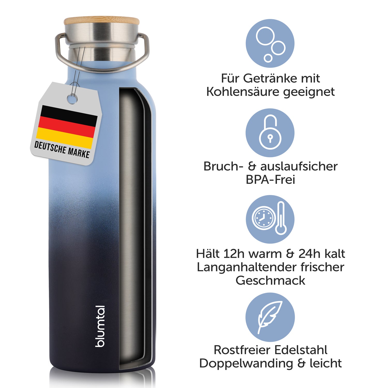 Isolierflasche mit Etikett &quot;Deutsche Marke&quot; und Symbolen die auf Bruch- und Auslaufsicherheit sowie die Eignung für Getränke mit Kohlensäure hinweisen