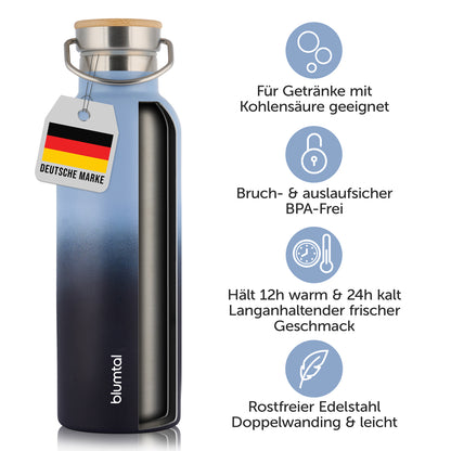 Isolierflasche mit Etikett &quot;Deutsche Marke&quot; und Symbolen die auf Bruch- und Auslaufsicherheit sowie die Eignung für Getränke mit Kohlensäure hinweisen