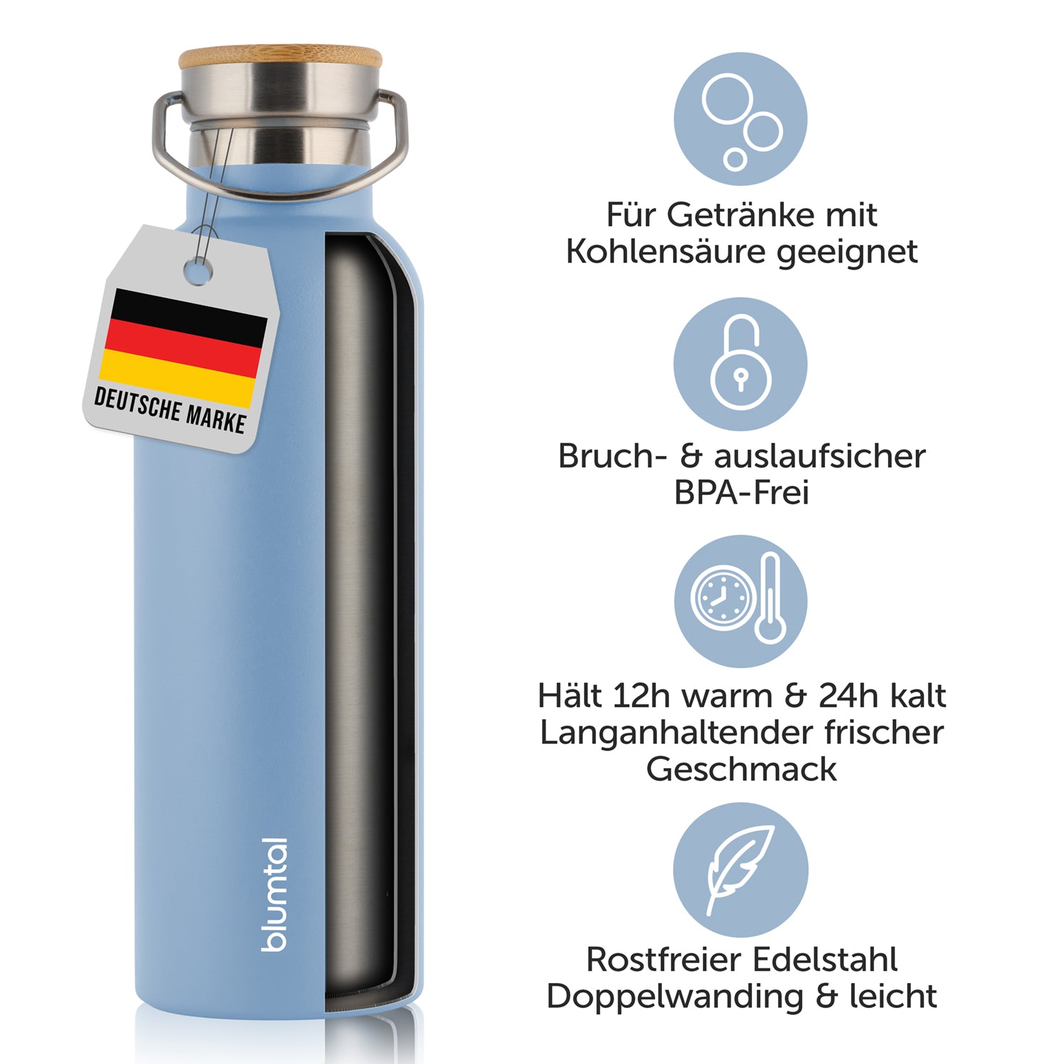 Isolierflasche mit Etikett &quot;Deutsche Marke&quot; und Symbolen die auf Bruch- und Auslaufsicherheit sowie die Eignung für Getränke mit Kohlensäure hinweisen