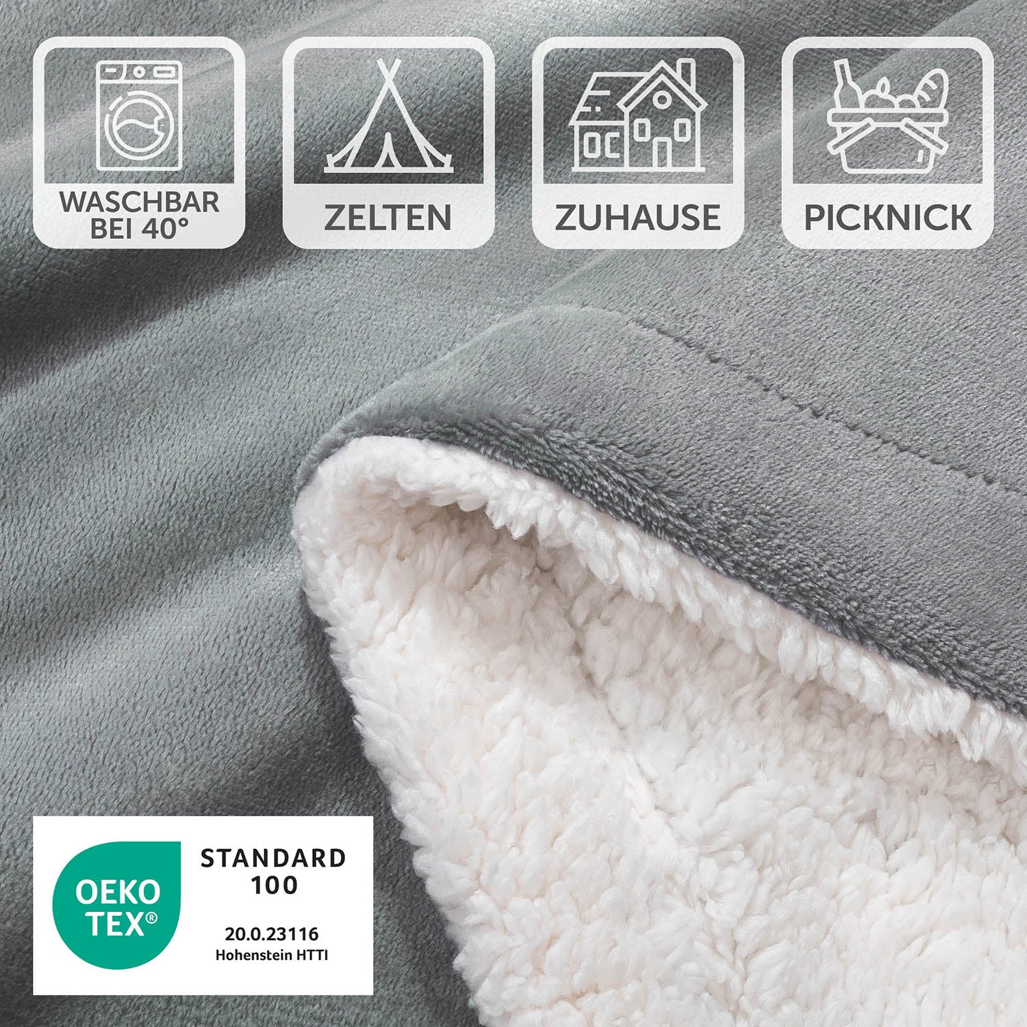 Detailansicht einer grauen Decke mit Pflegesymbolen und OEKO-TEX Standard 100 Siegel, waschbar bei 40 Grad, geeignet für Zelten, Zuhause und Picknick.