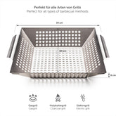 Großer Edelstahl-Grillkorb mit Maßangaben und Grilltypen.