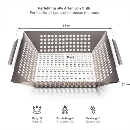 Großer Edelstahl-Grillkorb mit Maßangaben und Grilltypen.