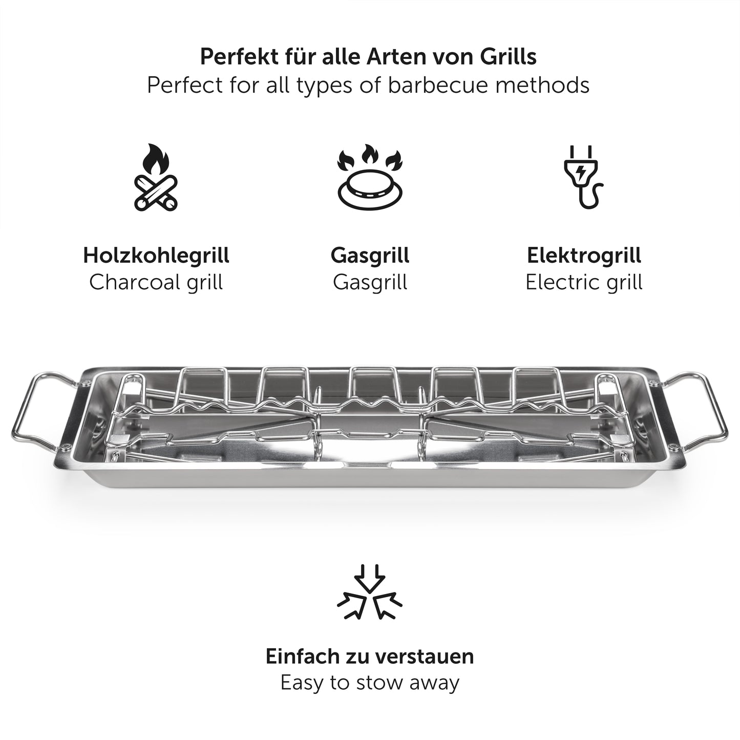 Metallständer für Hühnerbeine mit Symbolen, die verschiedene Grilltypen darstellen: Holzkohle, Gas, Elektro und die einfache Lagerung des Ständers.