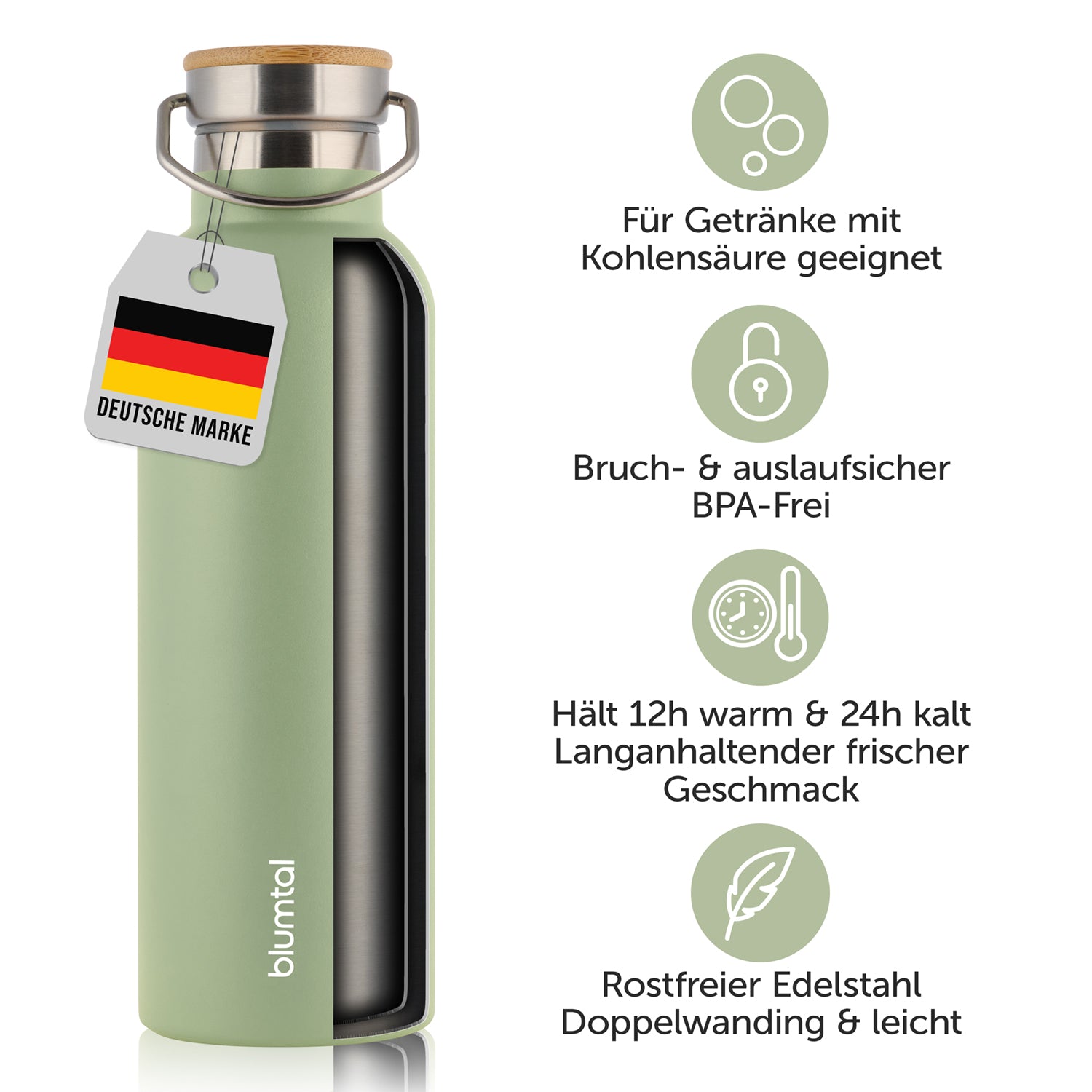 Isolierflasche mit Etikett &quot;Deutsche Marke&quot; und Symbolen die auf Bruch- und Auslaufsicherheit sowie die Eignung für Getränke mit Kohlensäure hinweisen