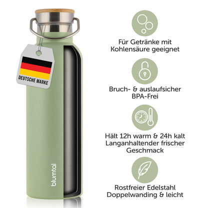 Isolierflasche mit Etikett &quot;Deutsche Marke&quot; und Symbolen die auf Bruch- und Auslaufsicherheit sowie die Eignung für Getränke mit Kohlensäure hinweisen