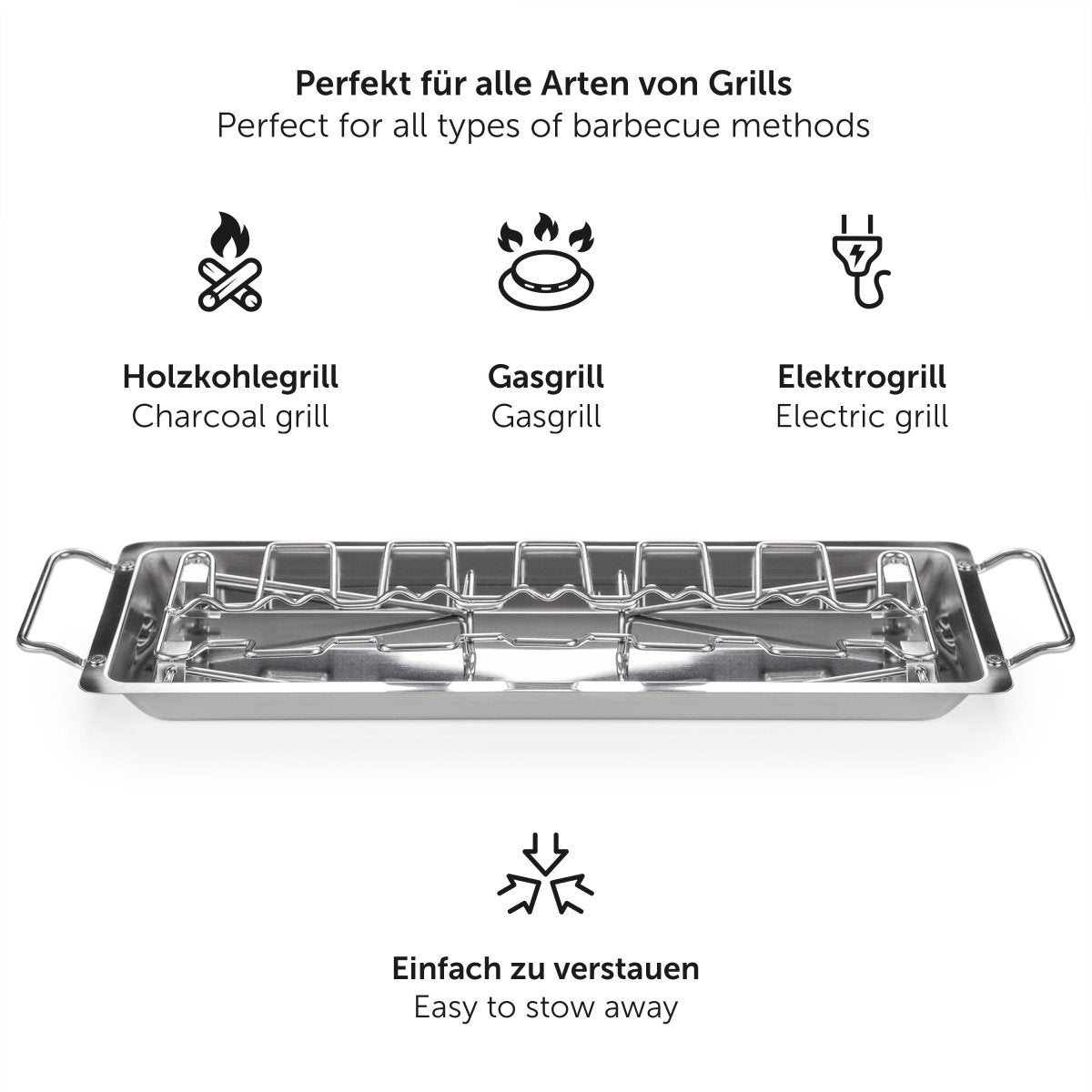 Metallständer für Hühnerbeine mit Symbolen, die verschiedene Grilltypen darstellen: Holzkohle, Gas, Elektro und die einfache Lagerung des Ständers.