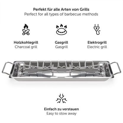 Metallständer für Hühnerbeine mit Symbolen, die verschiedene Grilltypen darstellen: Holzkohle, Gas, Elektro und die einfache Lagerung des Ständers.