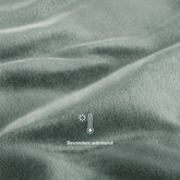 Nahaufnahme der salbeigrünen Fleece-Kuscheldecke mit einem Symbol für &