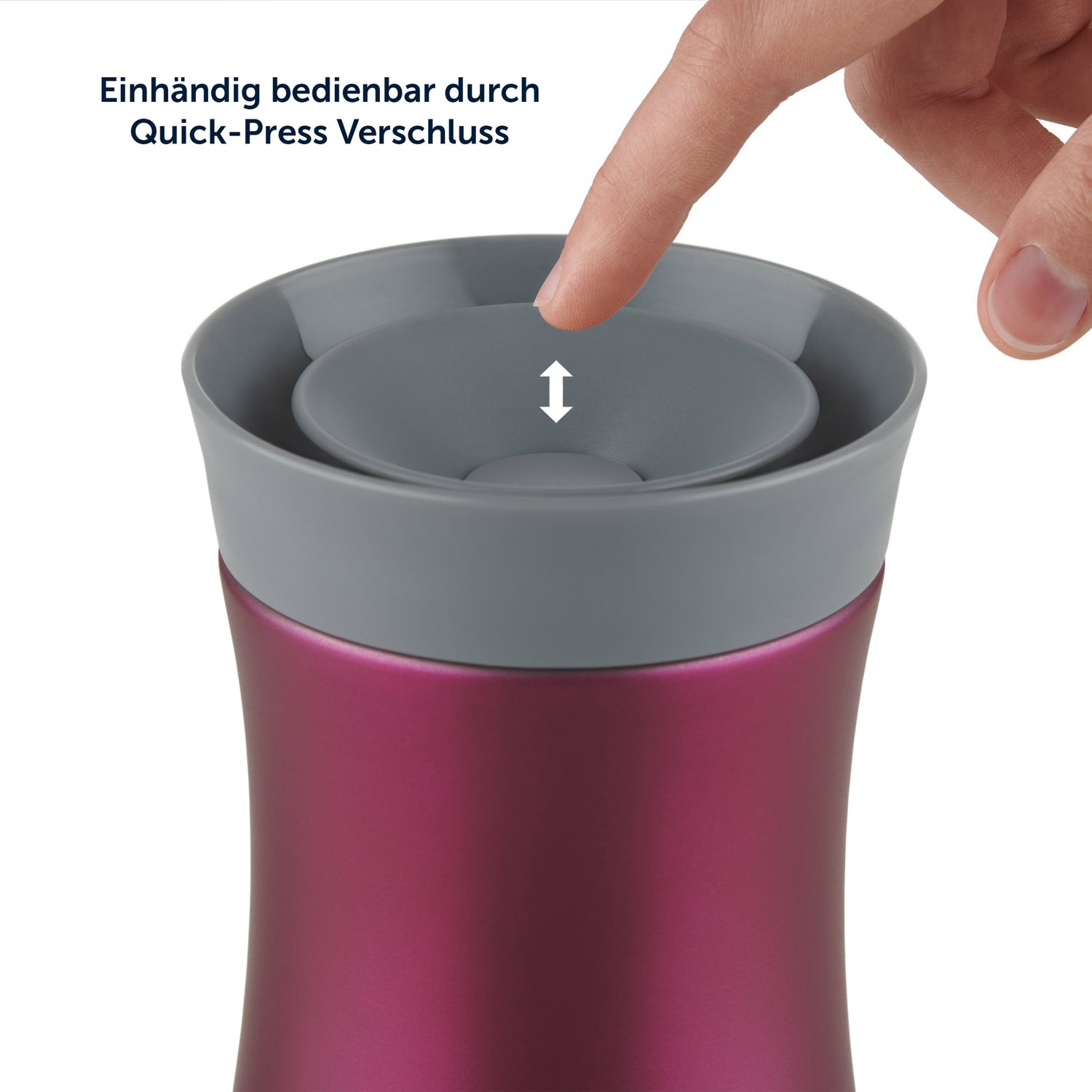 Ein Thermosbecher mit einem Finger der auf den Deckel mit Quick-Press Verschluss zeigt.