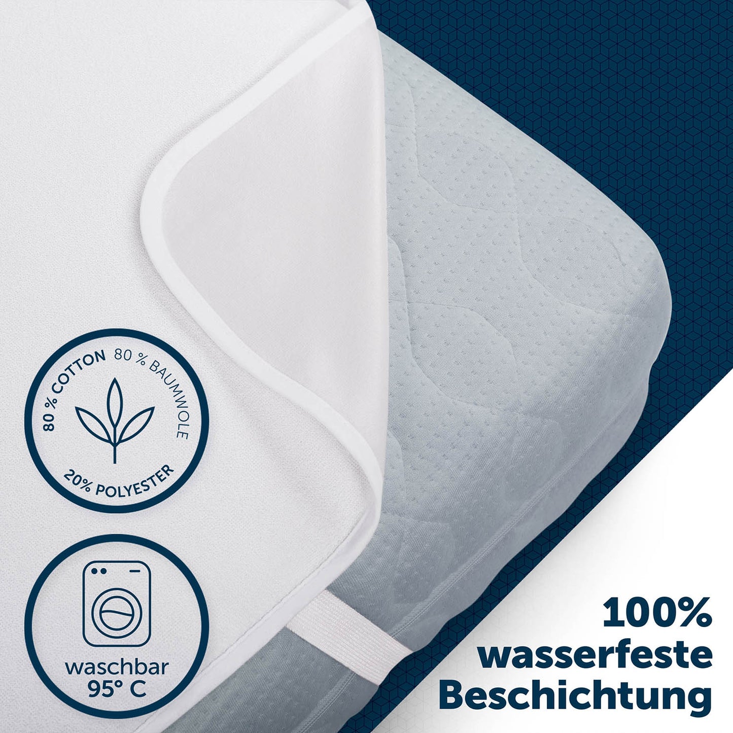 Ecke eines weißen Matratzenschoners mit Etikett, das 80% Baumwolle und 20% Polyester, sowie 100% wasserfeste Beschichtung angibt, auf einer blauen Matratze.