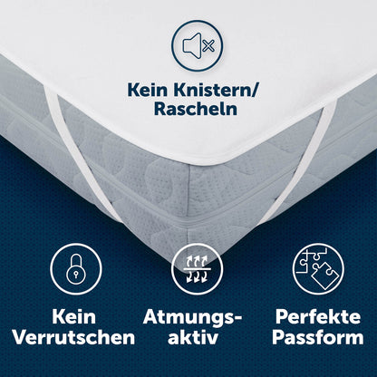 Weißer Matratzenschoner auf Matratze mit Symbolen für keine Geräusche, keine Rutschgefahr, atmungsaktiv und perfekte Passform.