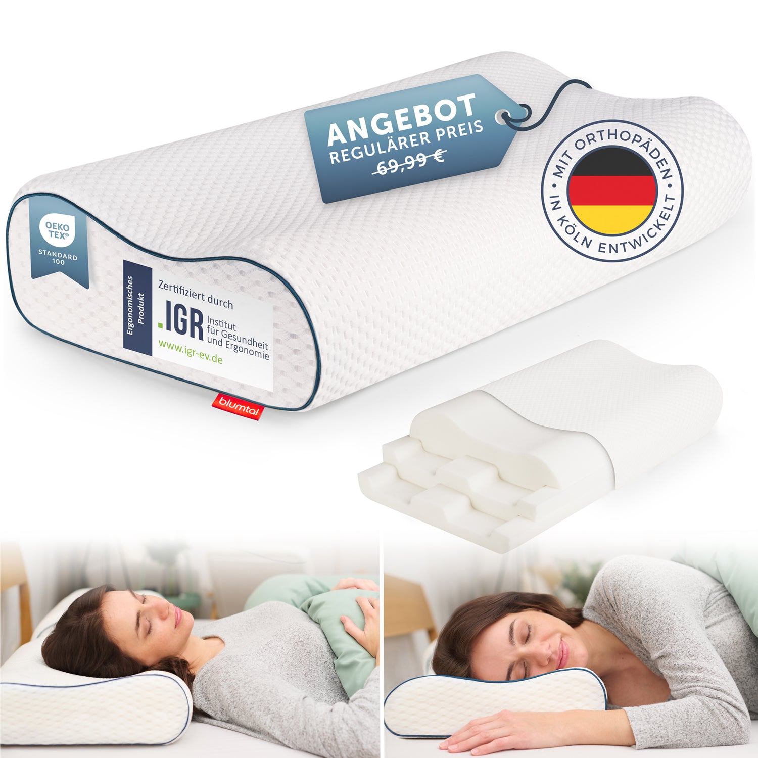 Orthopädisches Nackenstützkissen von Blumtal im Angebot, zertifiziert für Ergonomie entwickelt mit Orthopäden in Köln mit abnehmbarem Bezug.