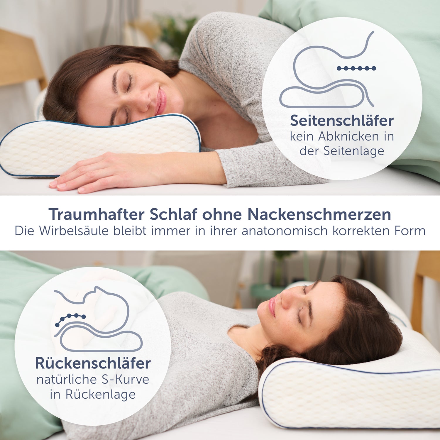 Frau schläft seitlich bzw. auf dem Rücken auf einem Blumtal Nackenstützkissen das für eine ergonomisch korrekte Position der Wirbelsäule sorgt.