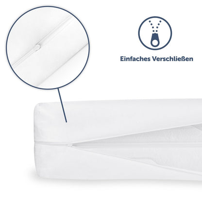 Nahaufnahme des Reißverschlusses des Matratzenbezugs mit der Beschriftung &