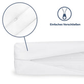 Nahaufnahme des Reißverschlusses des Matratzenbezugs mit der Beschriftung &