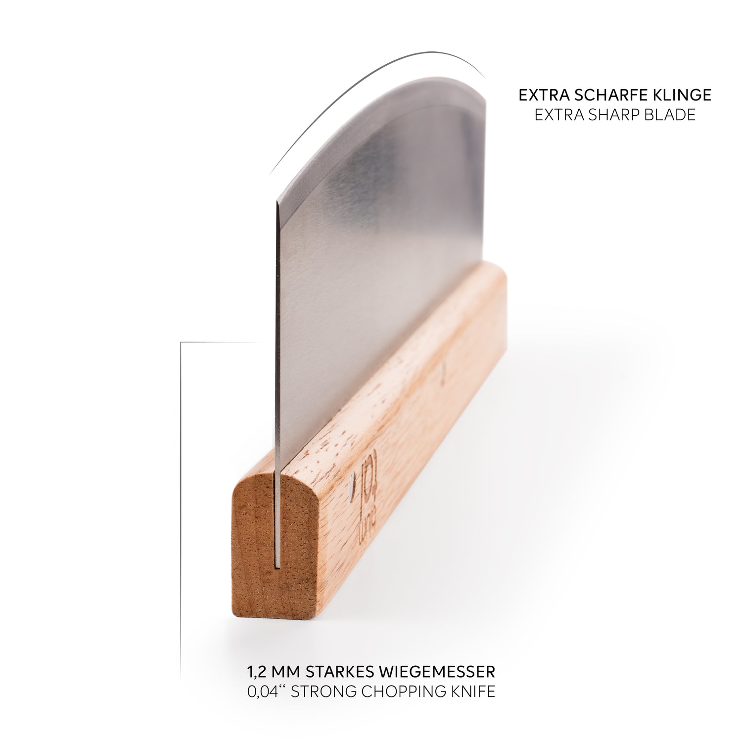 Seitliche Ansicht des Wiegemessers mit Hervorhebung der scharfen Klinge und Dicke.