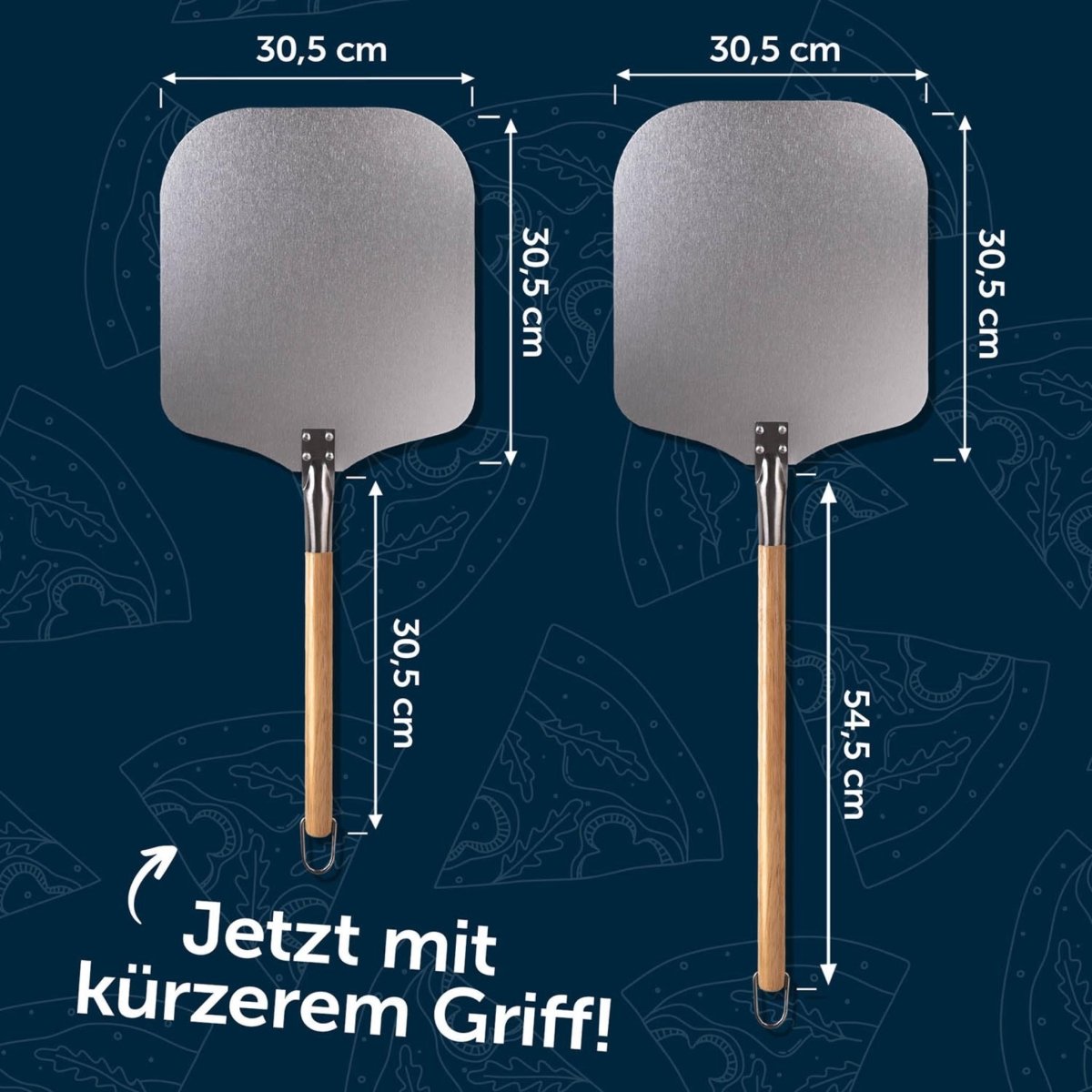 Vergleich von zwei Blumtal Pizzaschaufeln, eine mit kurzem und eine mit langem Griff. Beide Schaufeln sind 30,5 x 30,5 cm groß.