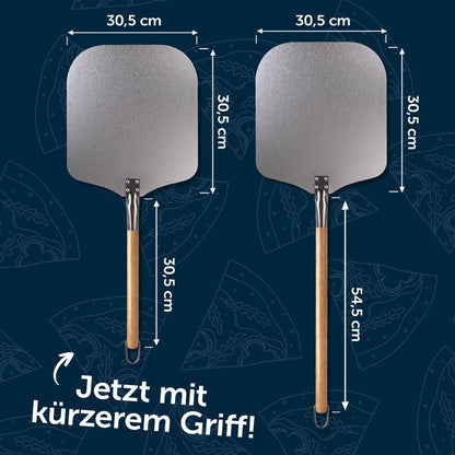 Vergleich von zwei Blumtal Pizzaschaufeln, eine mit kurzem und eine mit langem Griff. Beide Schaufeln sind 30,5 x 30,5 cm groß.