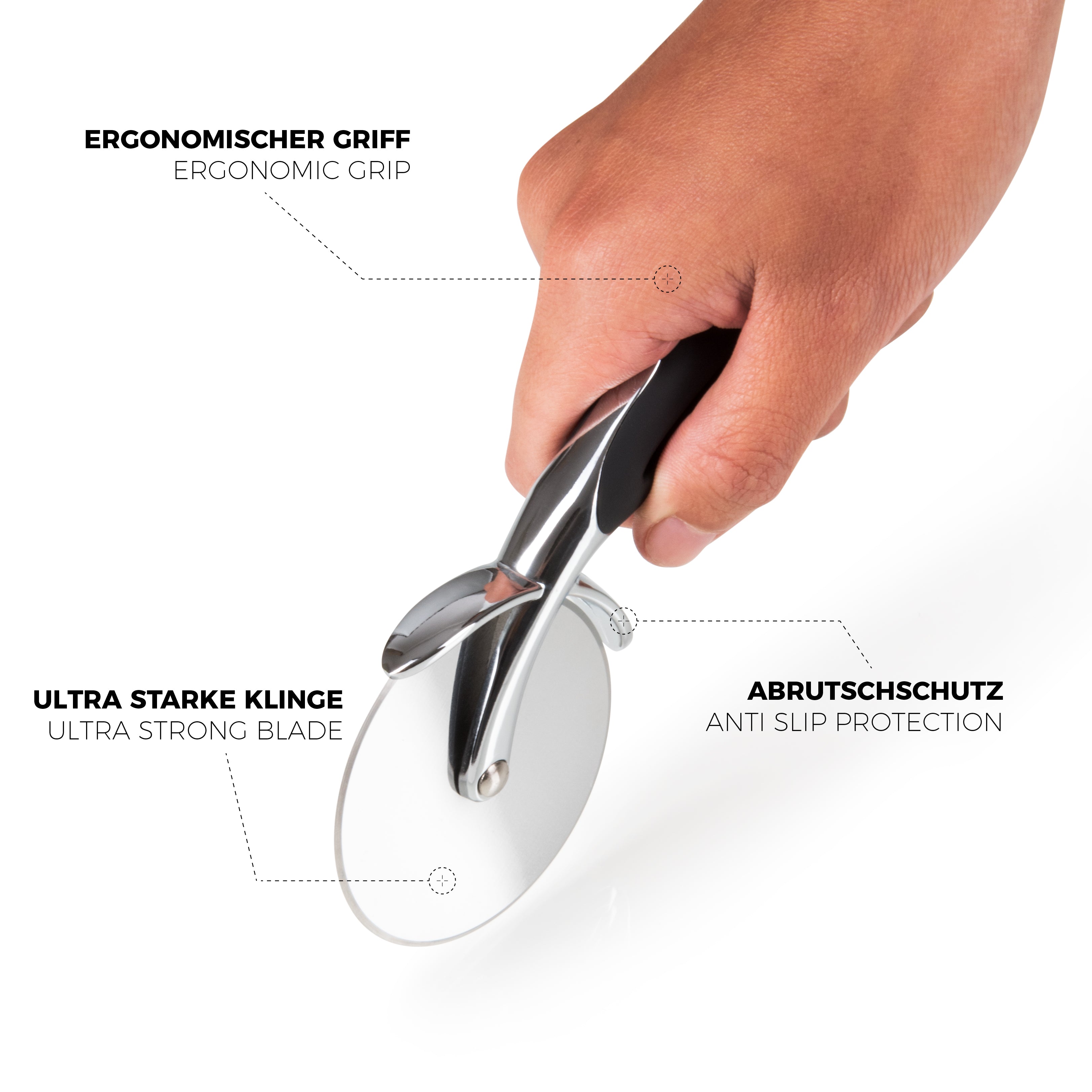 Pizzaschneider mit Details des ergonomischen Griffs und der Klinge sowie Abrutschschutz.