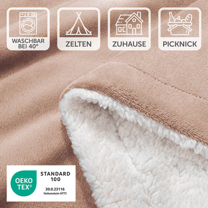 Detailansicht einer rosa Decke mit Pflegesymbolen und OEKO-TEX Standard 100 Siegel, waschbar bei 40 Grad, geeignet für Zelten, Zuhause und Picknick.