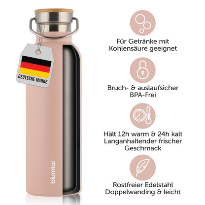 Isolierflasche mit Etikett &quot;Deutsche Marke&quot; und Symbolen die auf Bruch- und Auslaufsicherheit sowie die Eignung für Getränke mit Kohlensäure hinweisen