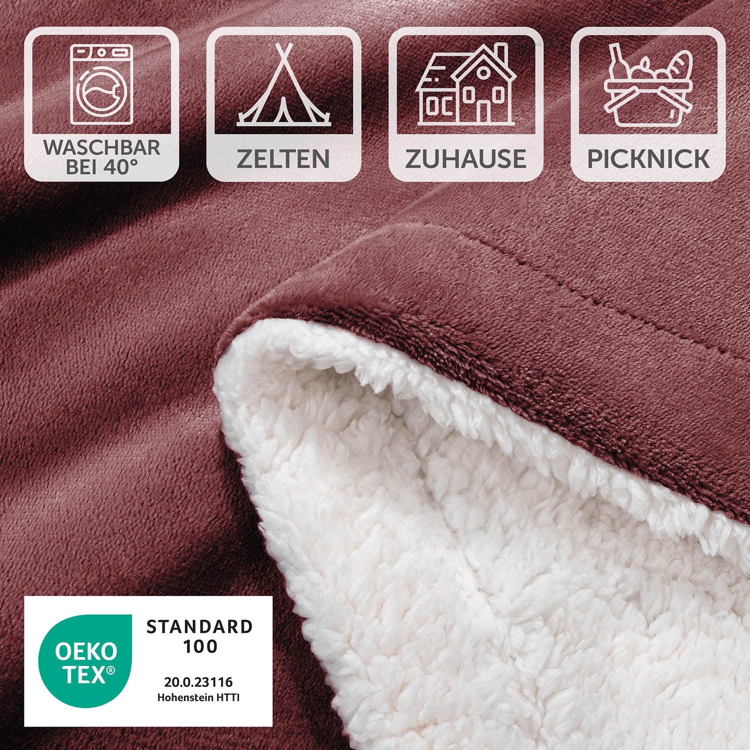 Detailansicht der rot-weinroten Decke mit Pflegesymbolen und OEKO-TEX Standard 100 Siegel, waschbar bei 40 Grad, geeignet für Zelten, Zuhause und Picknick.