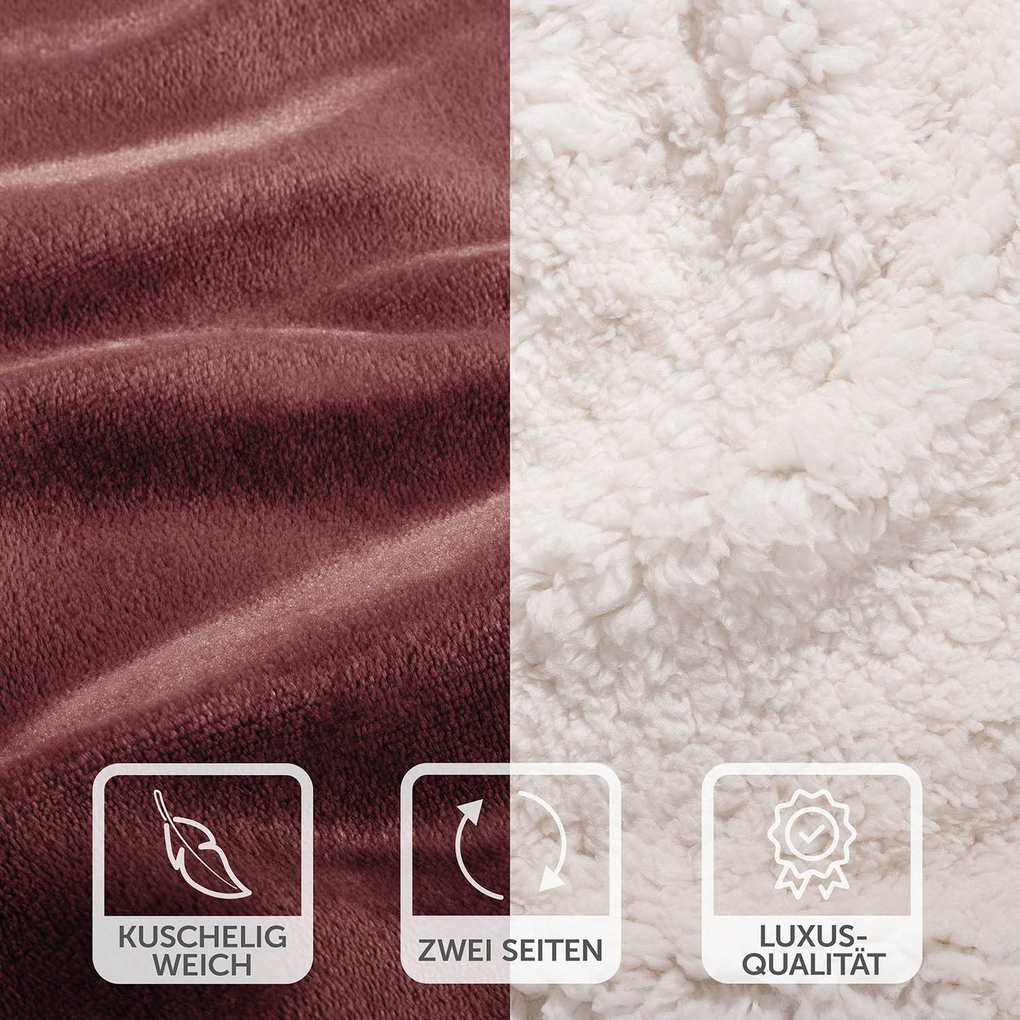Nahaufnahme der rot-weinroten Decke mit weicher Oberfläche und weißer Fleece-Seite, Symbole betonen die kuschelige Weichheit und Luxus-Qualität.