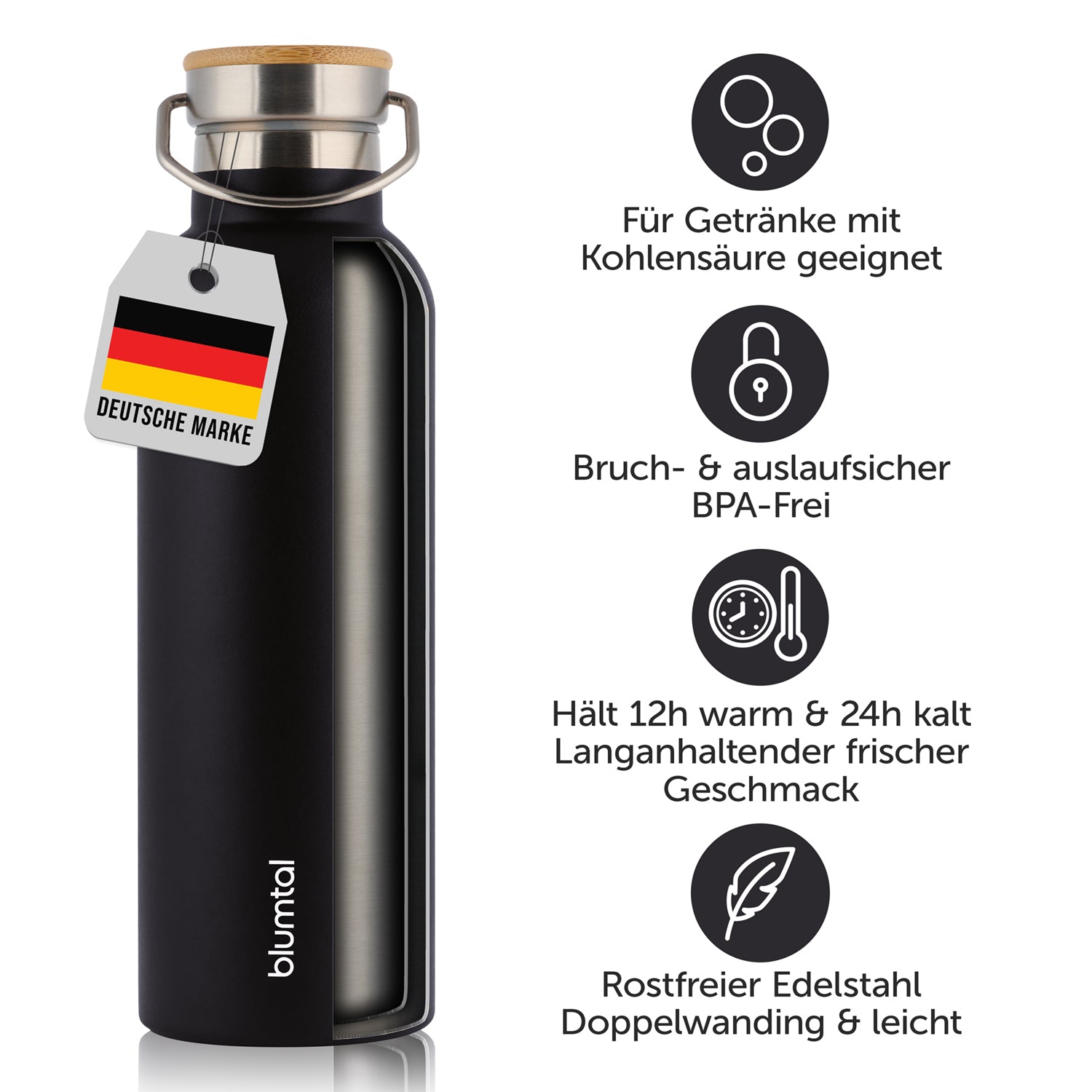 Isolierflasche mit Etikett &quot;Deutsche Marke&quot; und Symbolen die auf Bruch- und Auslaufsicherheit sowie die Eignung für Getränke mit Kohlensäure hinweisen