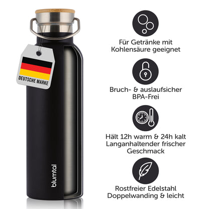 Isolierflasche mit Etikett &quot;Deutsche Marke&quot; und Symbolen die auf Bruch- und Auslaufsicherheit sowie die Eignung für Getränke mit Kohlensäure hinweisen