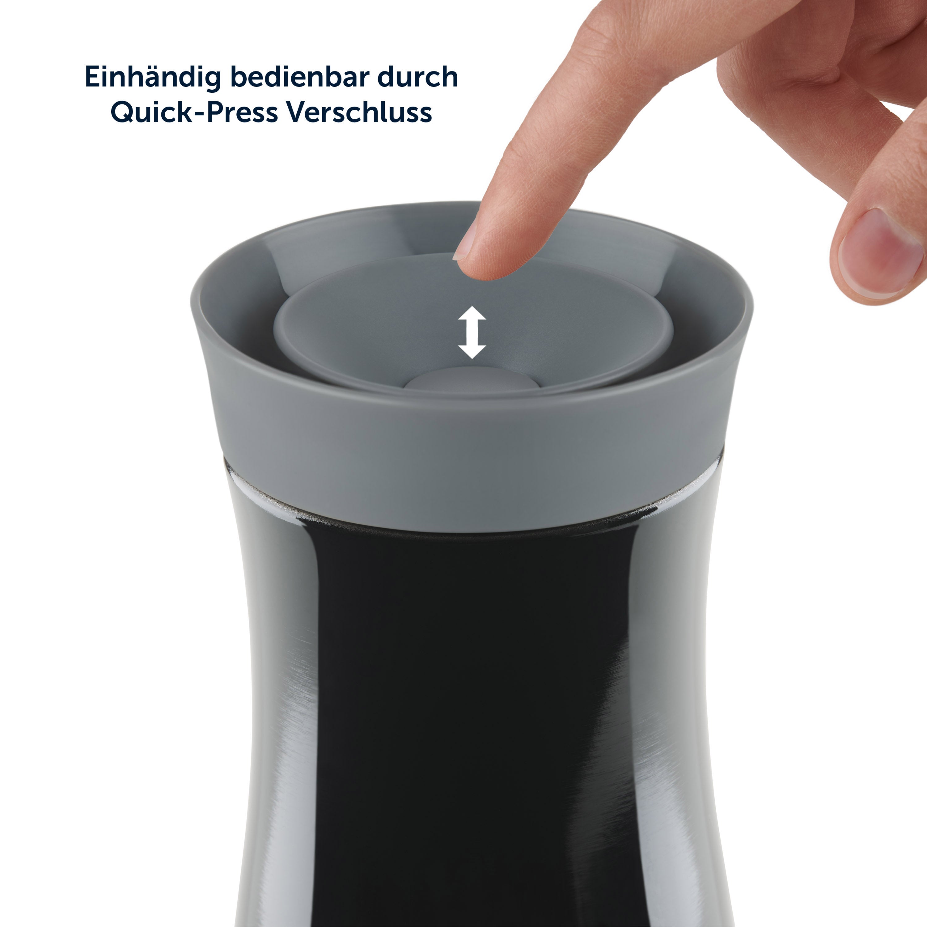 Ein Thermosbecher mit einem Finger der den Deckel mit Quick-Press Verschluss drückt.