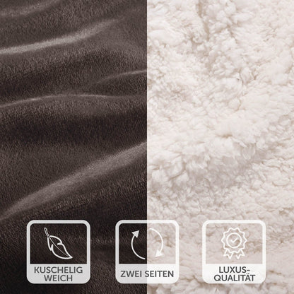 Nahaufnahme der braunen Decke mit weicher Oberfläche und weißer Fleece-Seite, Symbole betonen die kuschelige Weichheit und Luxus-Qualität.