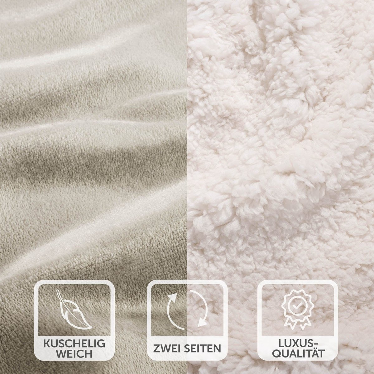 Nahaufnahme der beige Decke mit weicher Oberfläche und weißer Fleece-Seite, Symbole betonen die kuschelige Weichheit und Luxus-Qualität.