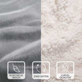 Nahaufnahme der grauen Decke mit weicher Oberfläche und weißer Fleece-Seite, Symbole betonen die kuschelige Weichheit und Luxus-Qualität.