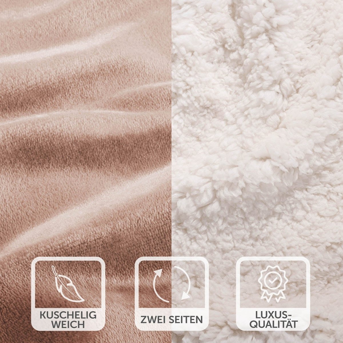 Nahaufnahme der rosa Decke mit weicher Oberfläche und weißer Fleece-Seite, Symbole betonen die kuschelige Weichheit und Luxus-Qualität.