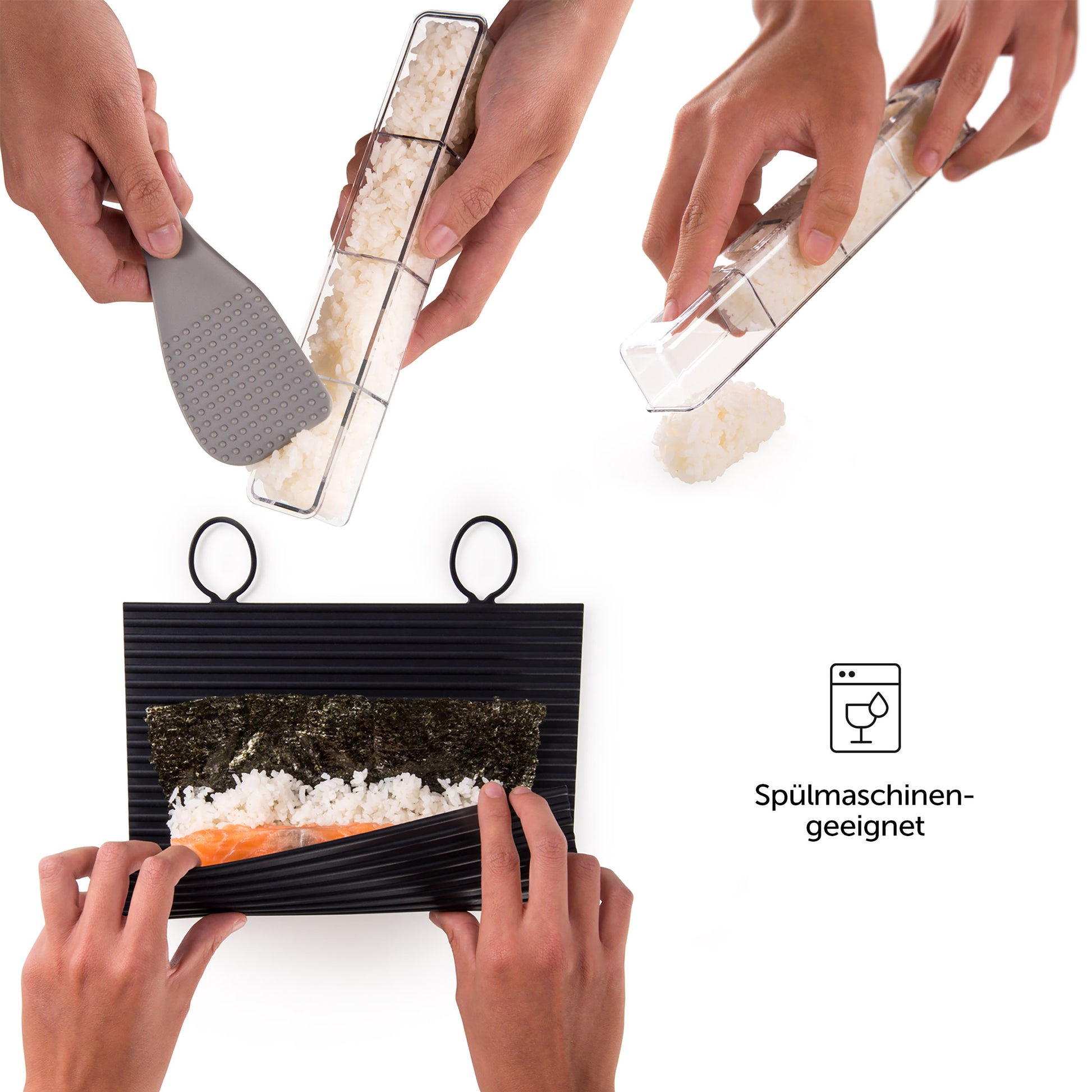 Hände füllen Reis in eine Sushi-Presse und rollen Sushi auf einer Rollmatte.