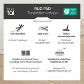 Informationskarte für eine weiße Antirutschmatte von blumtal mit Merkmalen wie "Anti-slip effect", "Easy to cut", und "Makes vacuuming easier", geeignet für harte Böden und Fußbodenheizung bis 30 Grad.