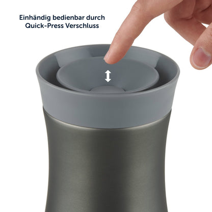 Ein Thermosbecher mit einem Finger der den Deckel mit Quick-Press Verschluss drückt.