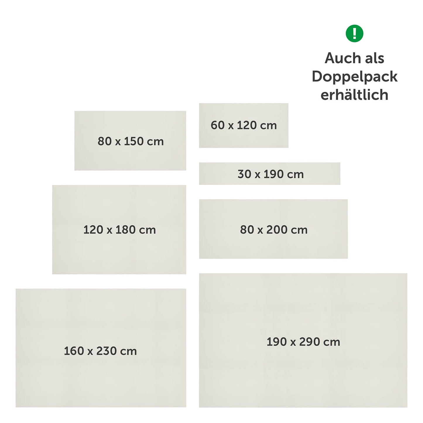 Übersicht verschiedener Größen von Antirutschmatten von blumtal, verfügbar in Einzel- und Doppelpacks, mit Maßangaben von 30x190 cm bis 190x290 cm.