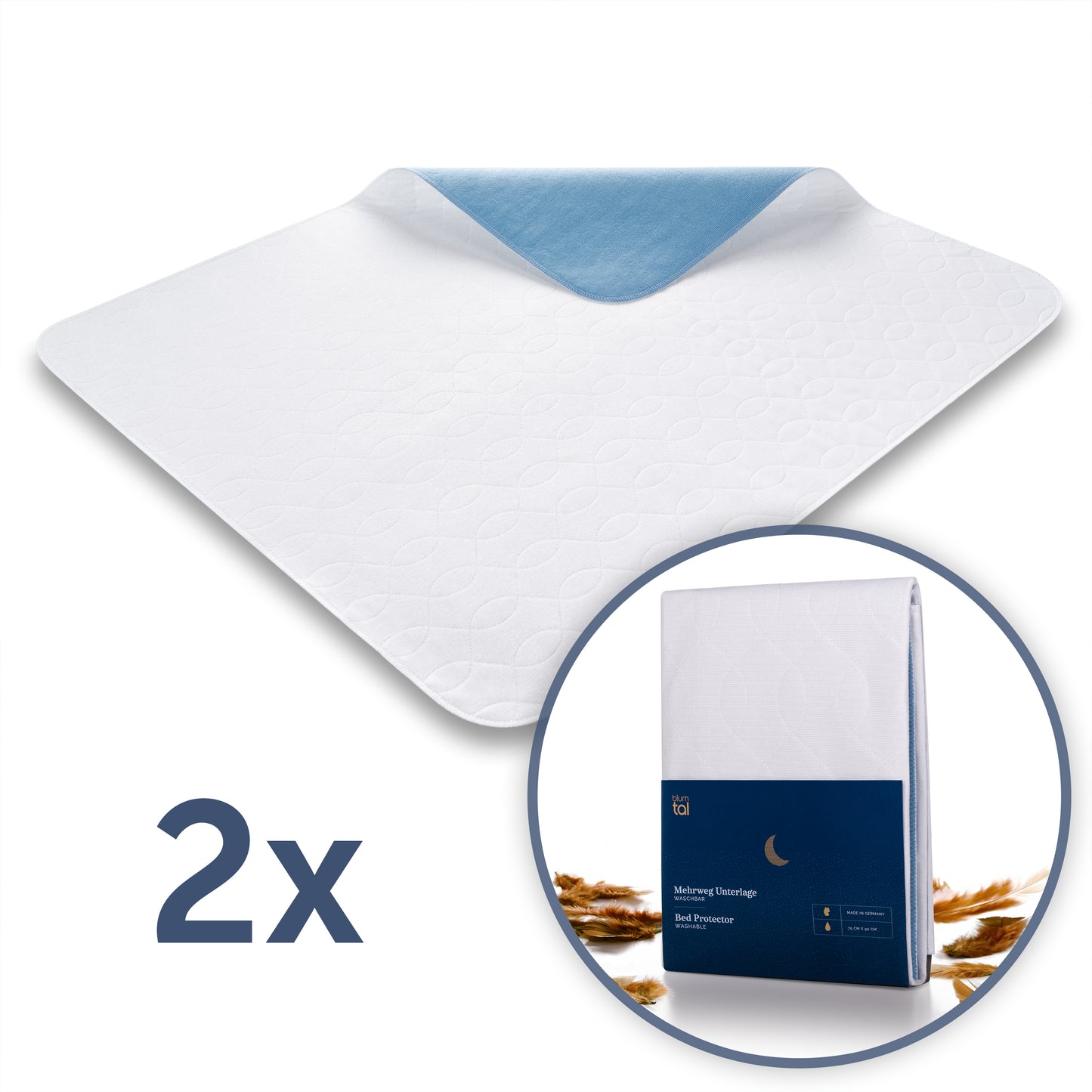 Wasserfeste Matratzenauflage gefaltet auf weißem Hintergrund mit Produktverpackung die Haltbarkeit und Hygiene für Betten verspricht.