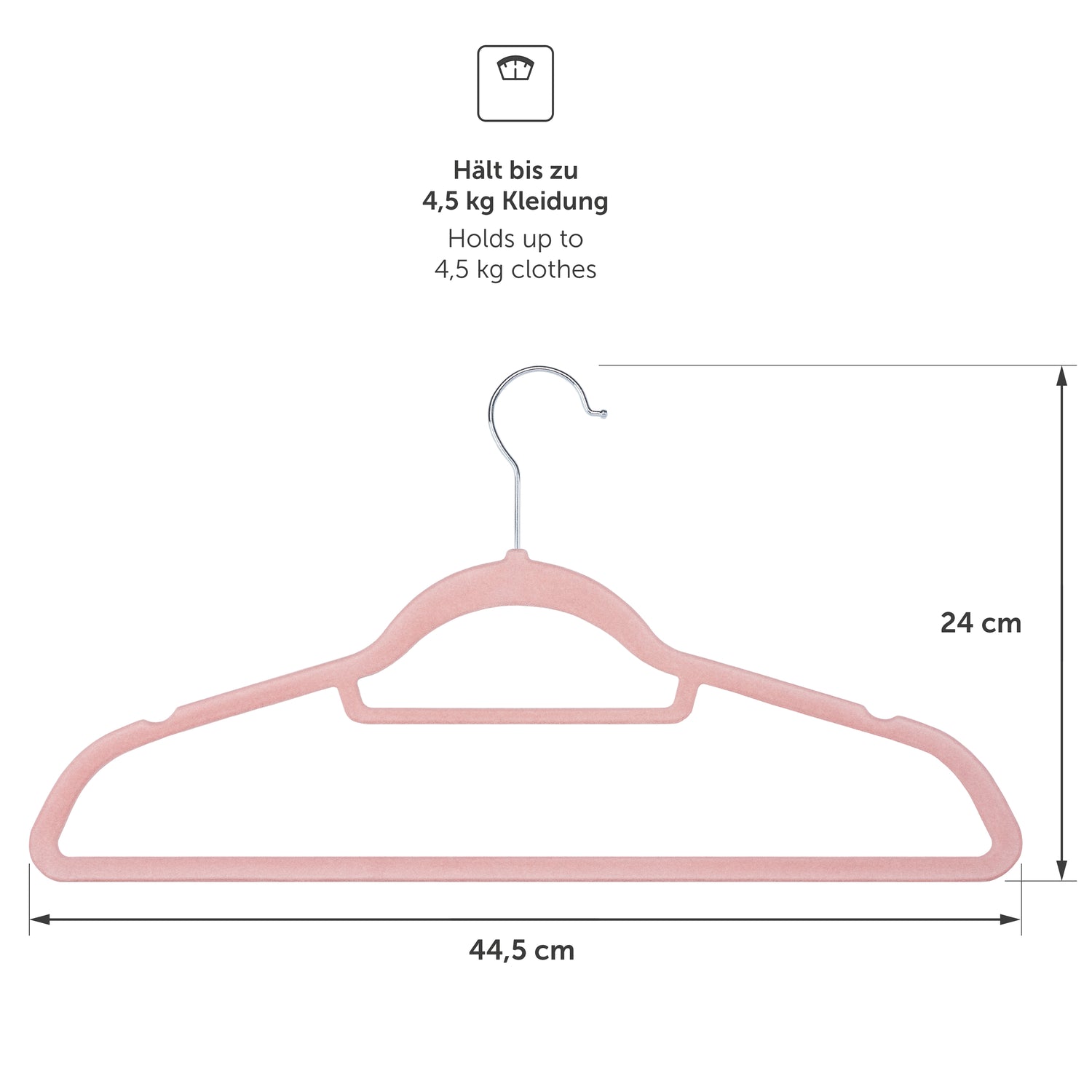 Maßangaben für einen stabilen Kleiderbügel der bis zu 45 kg Kleidung halten kann für die geordnete Aufbewahrung schwerer Bekleidungsstücke.