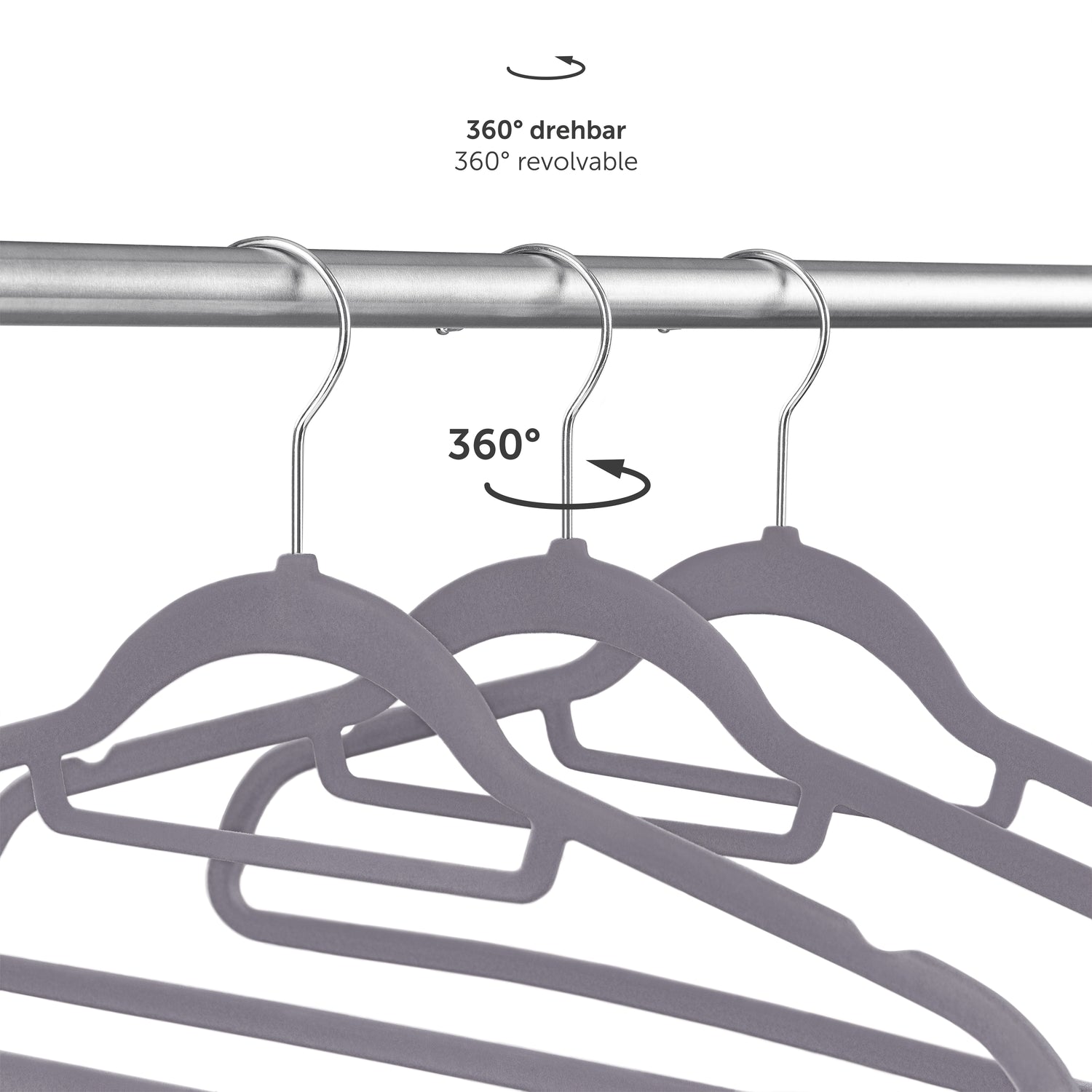 360° drehbare Kleiderbügel die Flexibilität bei der Ausrichtung der Kleidung im Schrank ermöglichen.