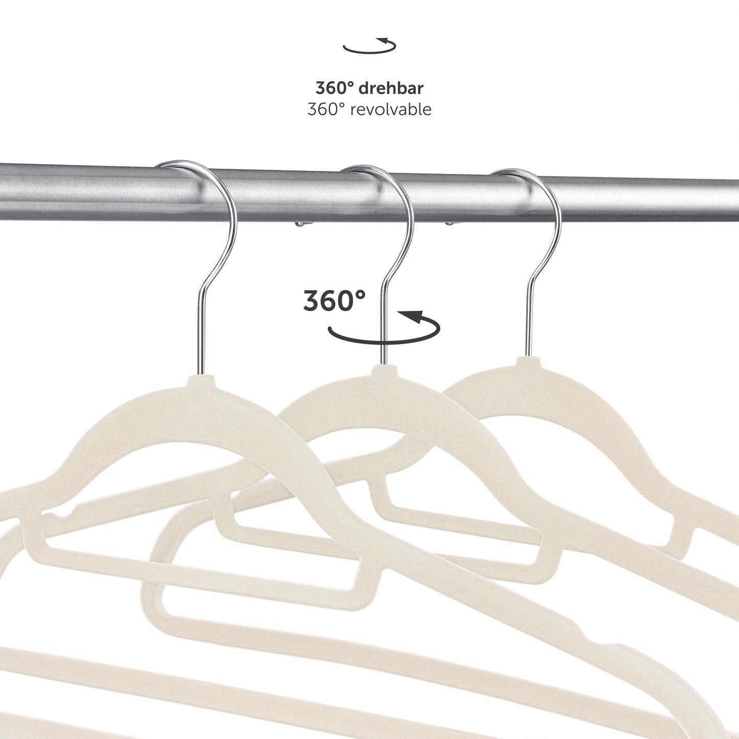 360° drehbare Kleiderbügel die Flexibilität bei der Ausrichtung der Kleidung im Schrank ermöglichen.
