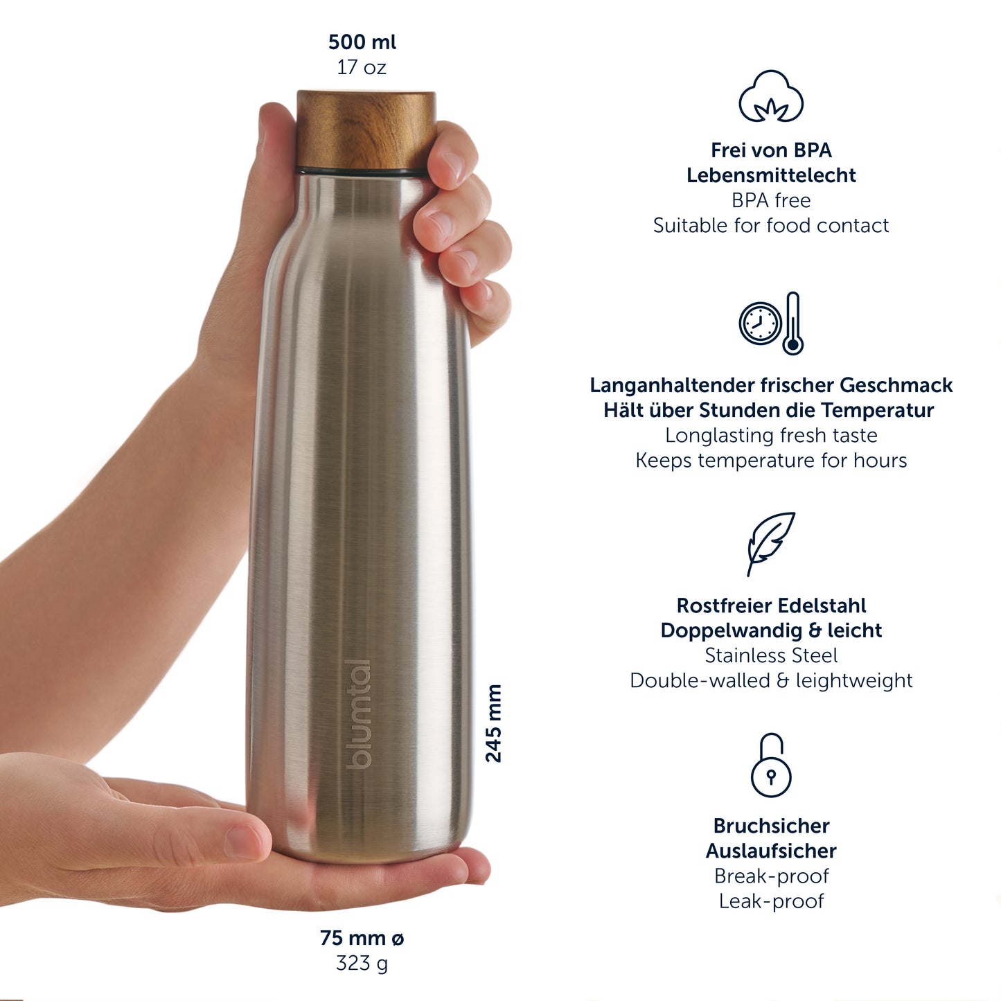 Trinkflasche aus Edelstahl, 500ml, auslaufsichere Isolierflasche