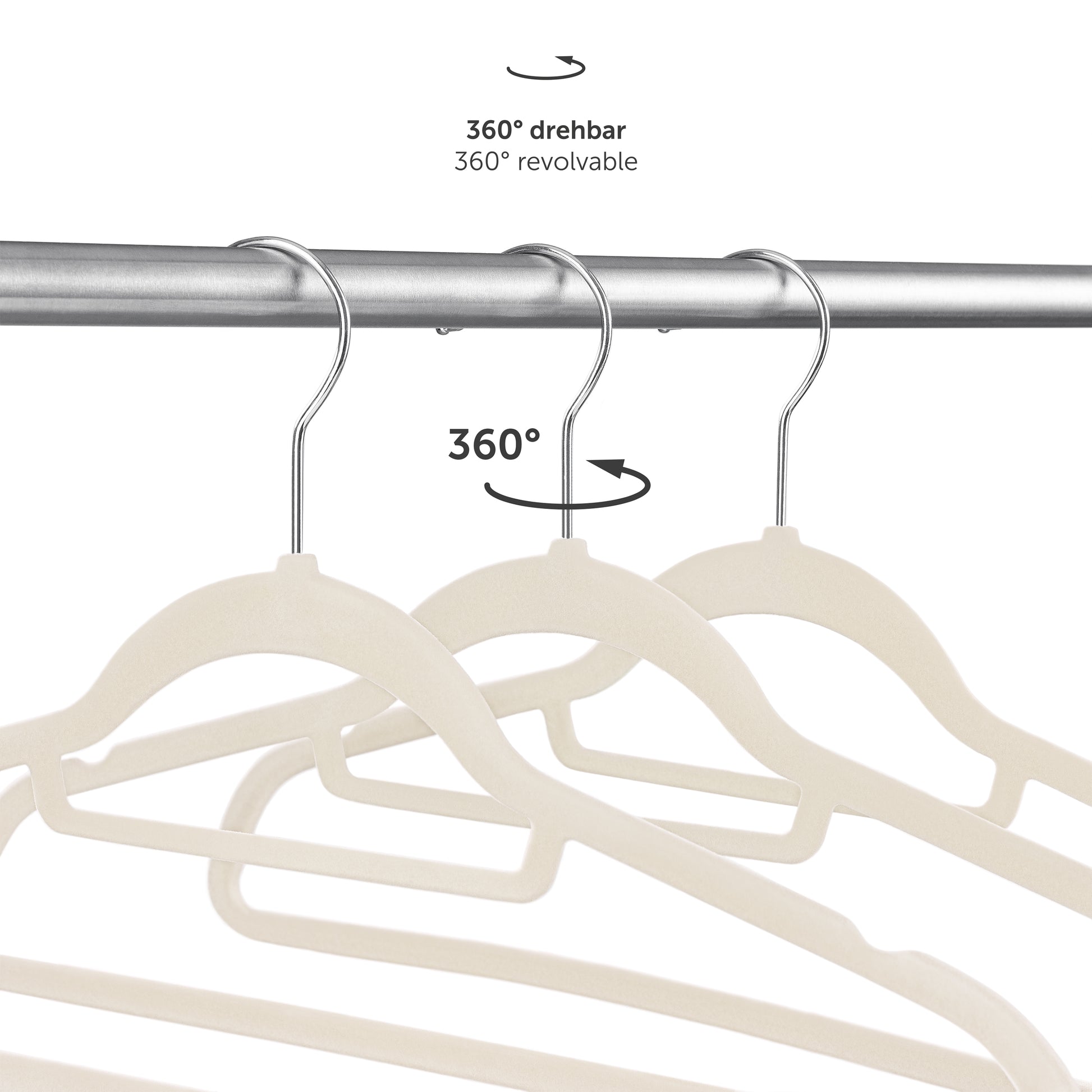 360° drehbare Kleiderbügel die Flexibilität bei der Ausrichtung der Kleidung im Schrank ermöglichen.