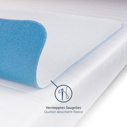 Detail der Matratzenauflage mit verstärktem Saugvlies auf einer Matratze die Hochwertigkeit und Komfort betont.