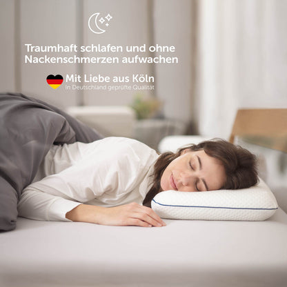 Person schläft ohne Nackenschmerzen auf Memory-Foam-Kissen, in Deutschland geprüft