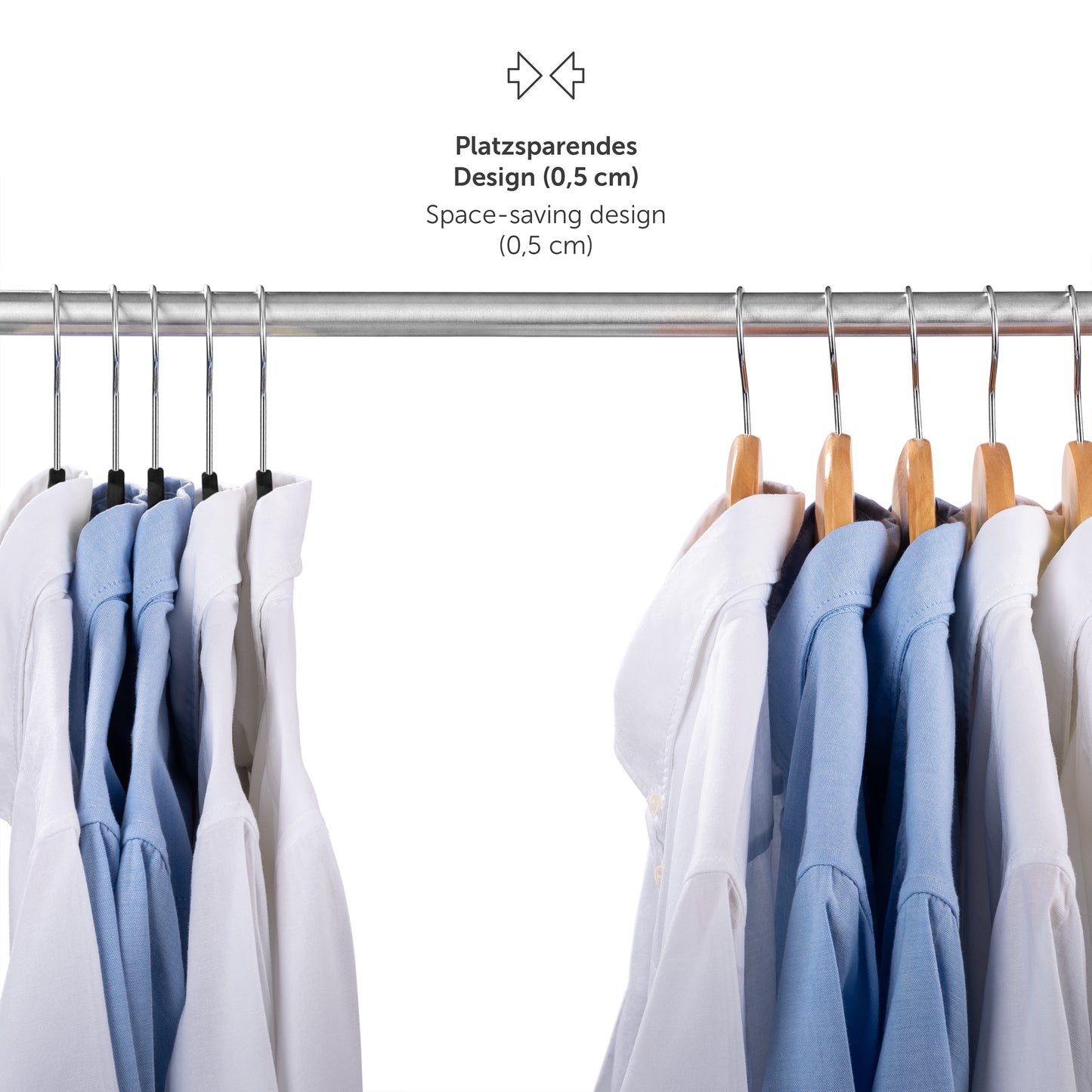 Kleiderbügel mit platzsparendem Design (05 cm Dicke) an einer Stange mit hängenden Hemden um die Effizienz im Kleiderschrank zu zeigen.
